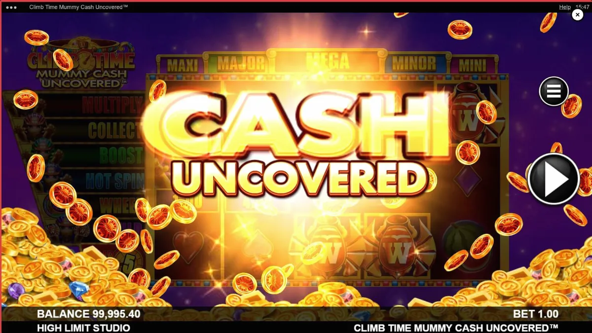 Tampilan visual slot Climb Time Mummy Cash Uncovered dengan latar langit malam Mesir