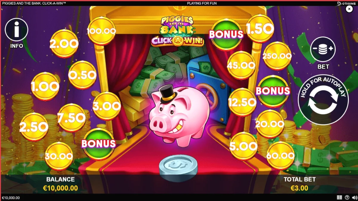 Tampilan antarmuka permainan slot Piggies and the Bank: Click-A-Win dengan tema babi kaya raya.