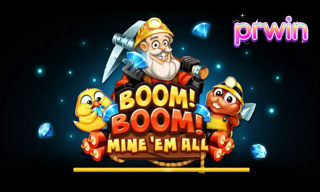 Tampilan visual slot Boom! Boom! Mine ‘Em All dengan tema tambang yang eksplosif